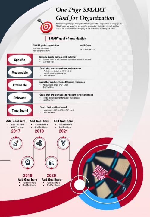 One page smart goal for organization presentation report infographic ppt pdf document Slide01