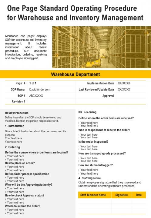 One page standard operating procedure for warehouse and inventory management ppt pdf document Slide01