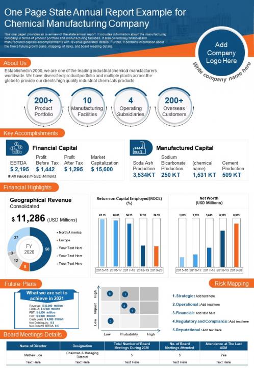 One Page State Annual Report Example For Chemical Manufacturing Company Report Infographic Ppt Pdf Document Slide01