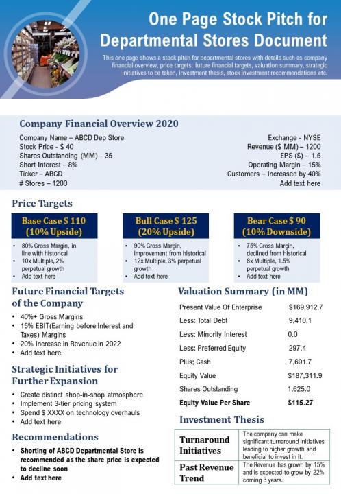 One page stock pitch for departmental stores document presentation report infographic ppt pdf document