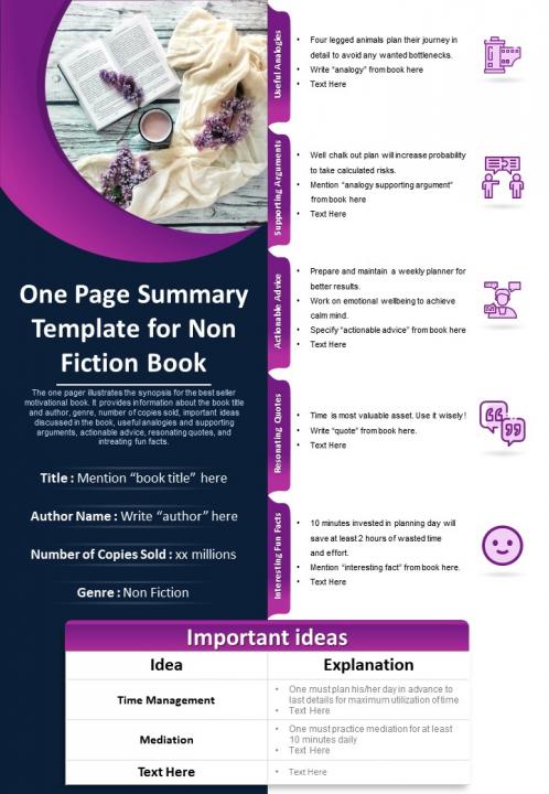 One page summary template for non fiction book presentation report infographic ppt pdf document Slide01