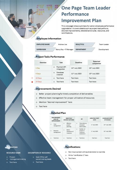 One page team leader performance improvement plan presentation report infographic ppt pdf document Slide01