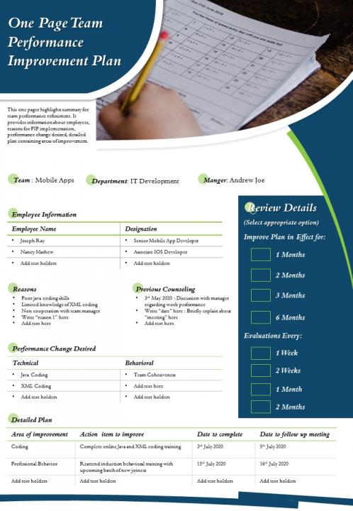 One page team performance improvement plan presentation report infographic ppt pdf document Slide01
