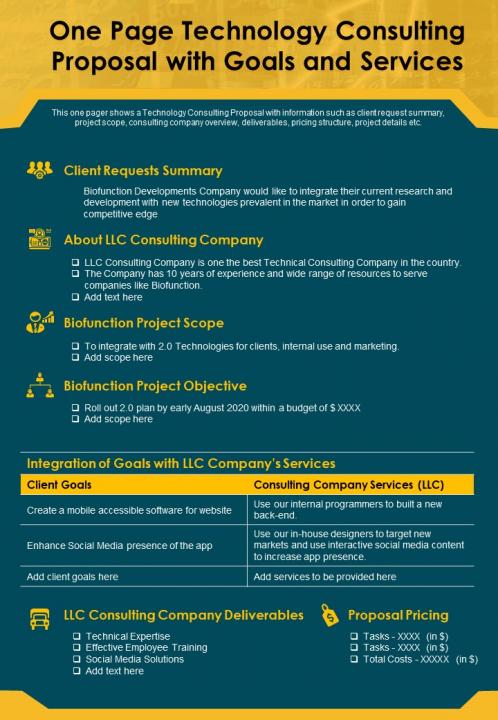 One page technology consulting proposal with goals and services report infographic ppt pdf document Slide01