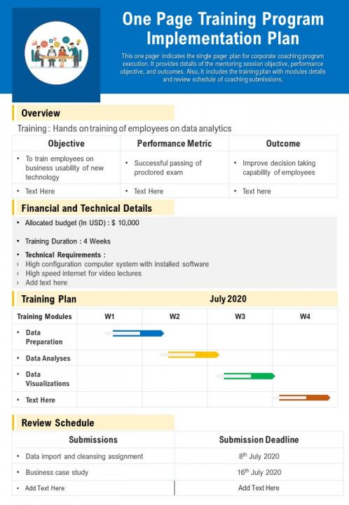 One page training program implementation plan presentation report infographic ppt pdf document Slide01