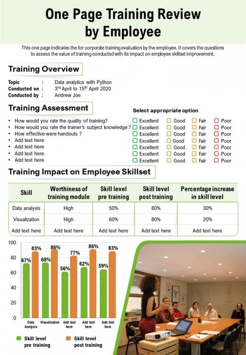 One page training review by employee presentation report infographic ppt pdf document Slide01
