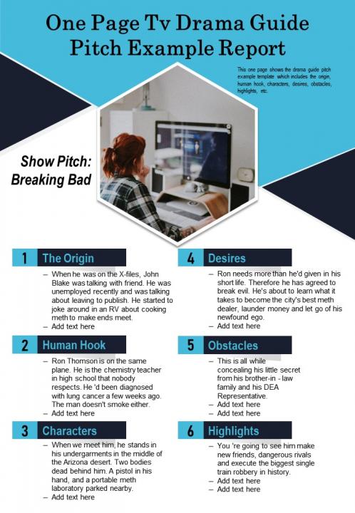 One page tv drama guide pitch example report presentation report infographic ppt pdf document Slide01