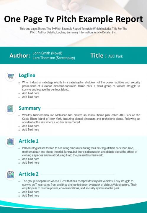 One page tv pitch example report presentation report infographic ppt pdf document Slide01