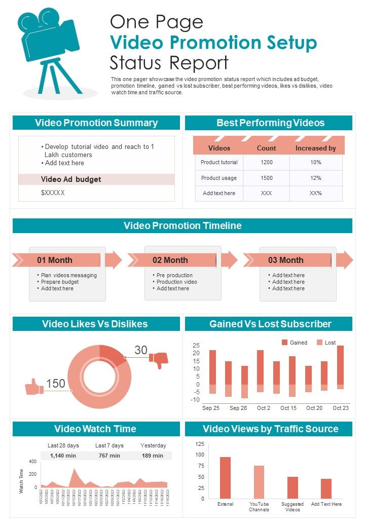One Page Video Promotion Setup Status Report presentation infographic