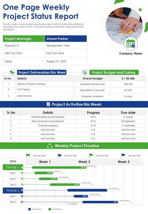 One Page Weekly Project Status Report Presentation Infographic Ppt Pdf