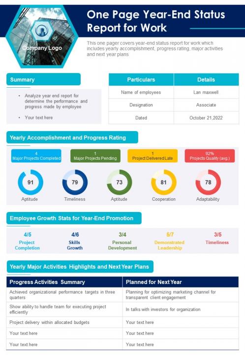 One page year end status report for work presentation infographic ppt pdf document Slide01