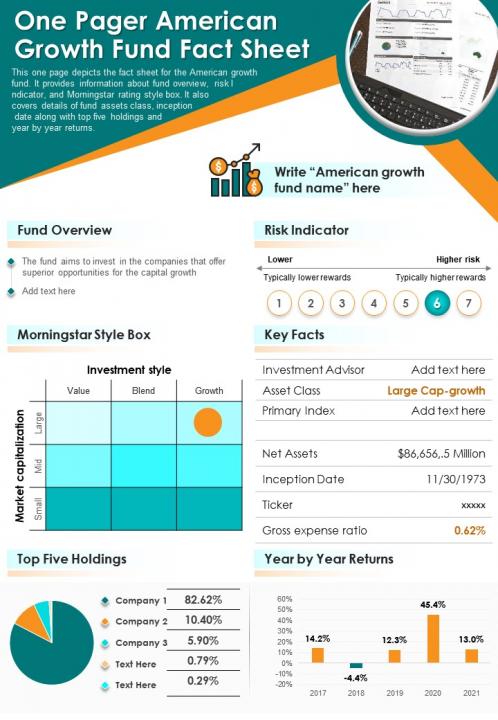 One pager american growth fund fact sheet presentation report infographic ppt pdf document Slide01