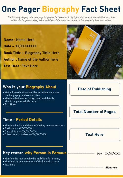 One Pager Biography Fact Sheet Presentation Report Infographic PPT PDF Document