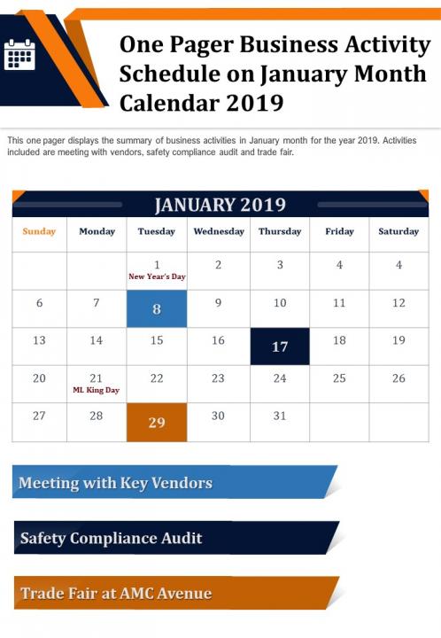 One pager business activity schedule on january month calendar 2019 report infographic ppt pdf document Slide01