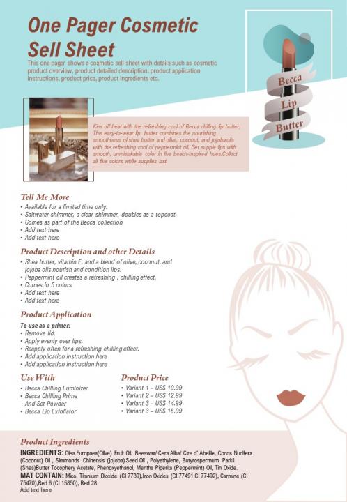 One Pager Cosmetic Sell Sheet Presentation Report Infographic Ppt Pdf  Document | Presentation Graphics | Presentation PowerPoint Example | Slide  Templates