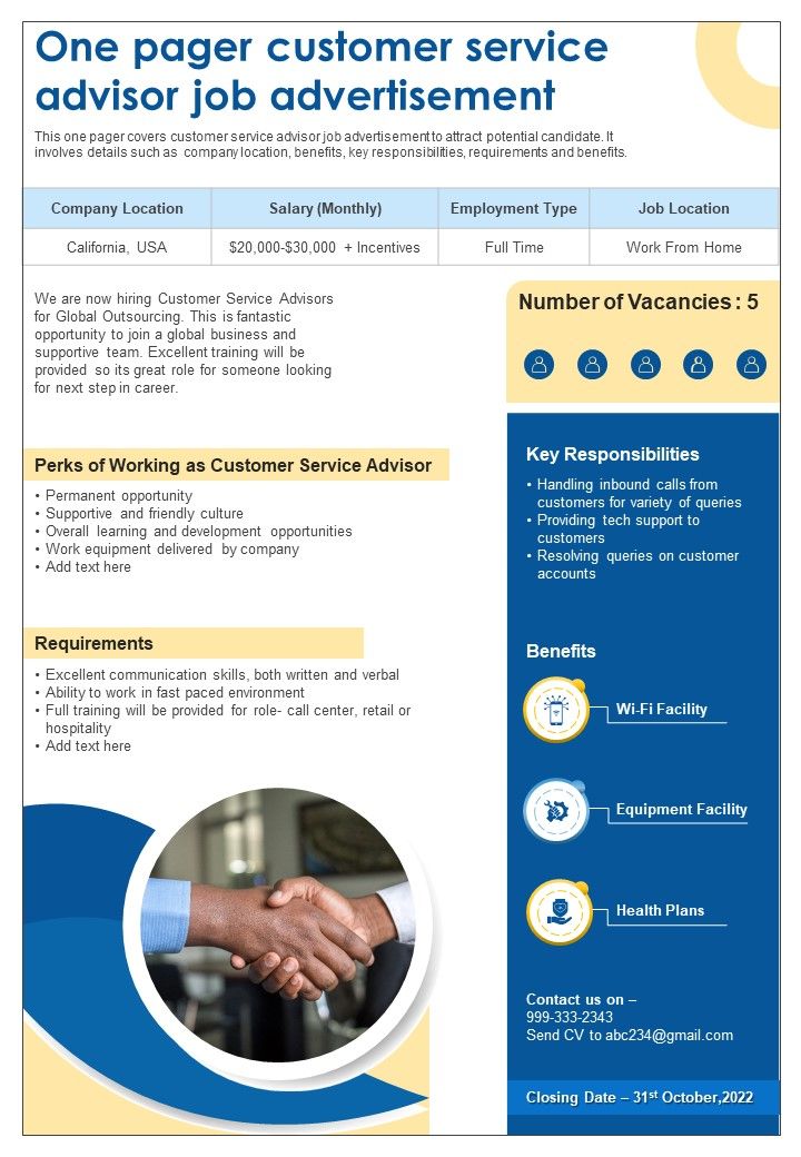 One Pager Customer Service Advisor Job Advertisement Presentation