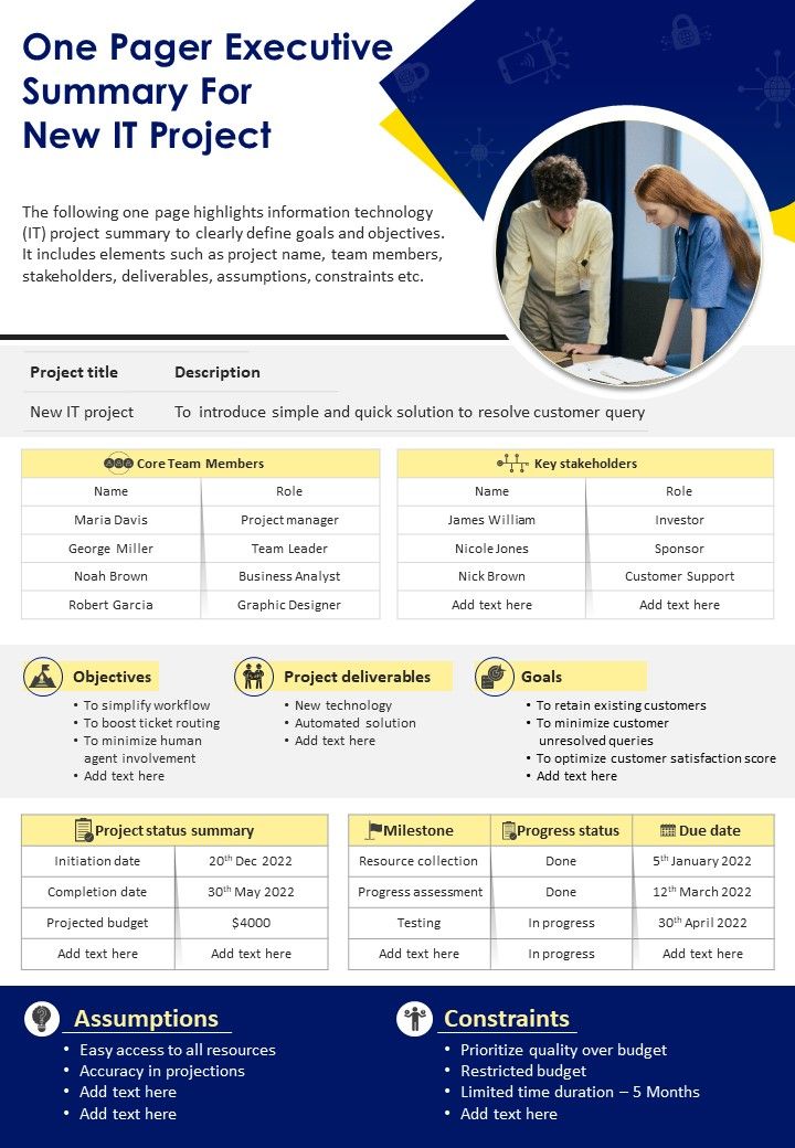One Pager Executive Summary For New IT Project Presentation Report Infographic PPT PDF Document Slide01