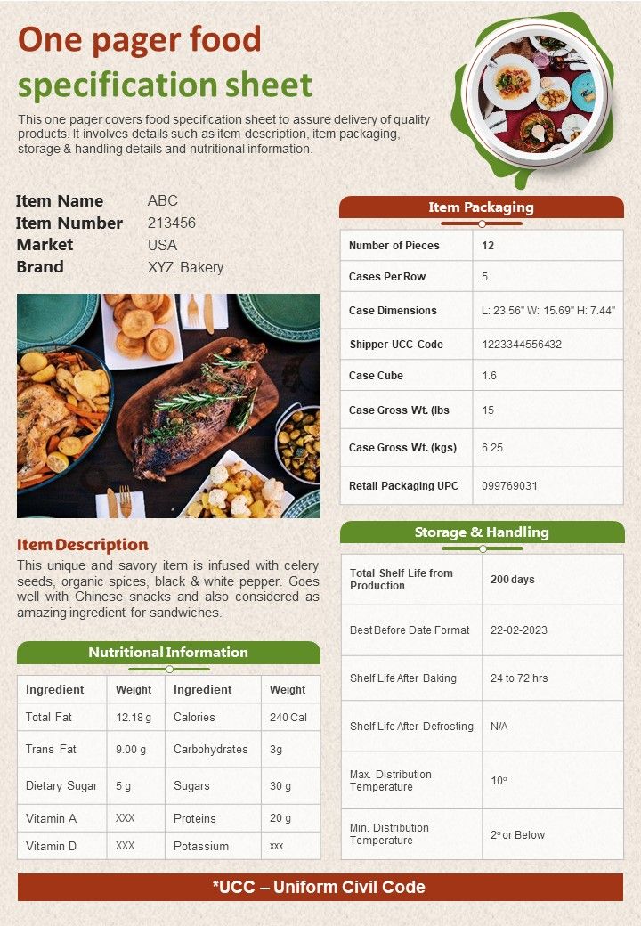 One Pager Food Specification Sheet Presentation Report Infographic PPT PDF Document Slide01