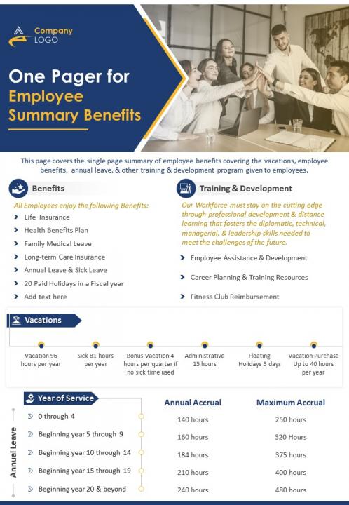 One pager for employee summary benefits presentation report infographic ppt pdf document Slide01