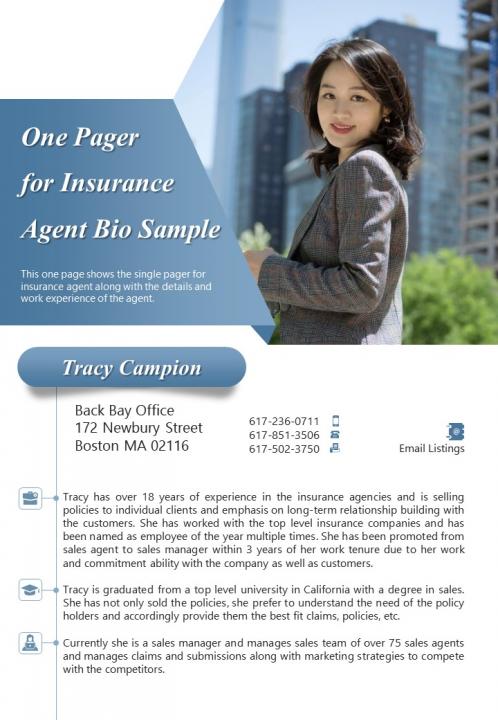 One pager for insurance agent bio sample presentation report infographic ppt pdf document Slide01