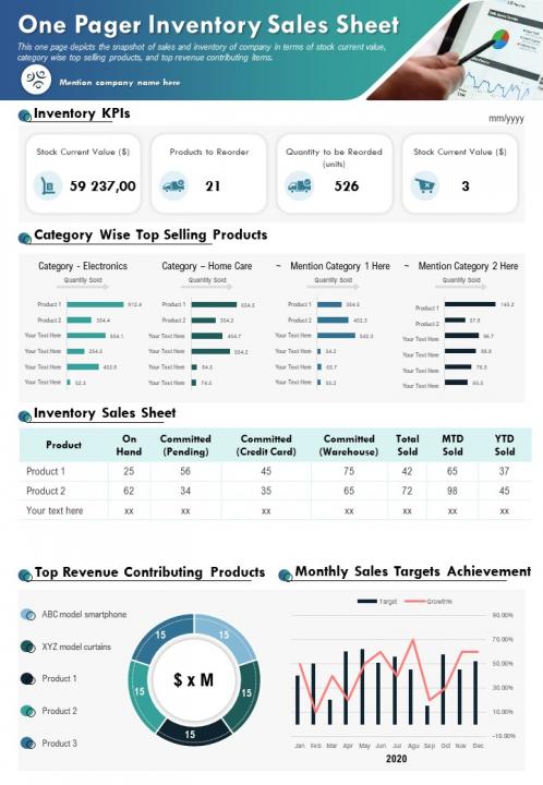 One pager inventory sales sheet presentation report infographic ppt pdf document