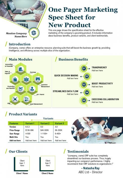 One pager marketing spec sheet for new product presentation report infographic ppt pdf document Slide01