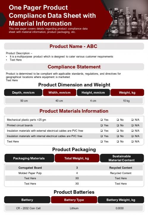 One pager product compliance data sheet with material information report ppt pdf document Slide01