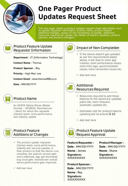 One pager product updates request sheet presentation report infographic ppt pdf document Slide01