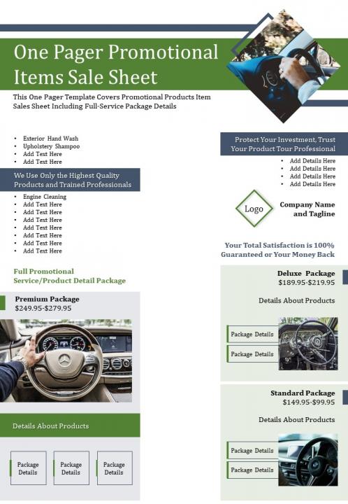 One Pager Promotional Items Sale Sheet Presentation Report ...