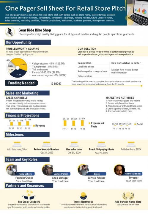 One pager sell sheet for retail store pitch presentation report infographic ppt pdf document Slide01