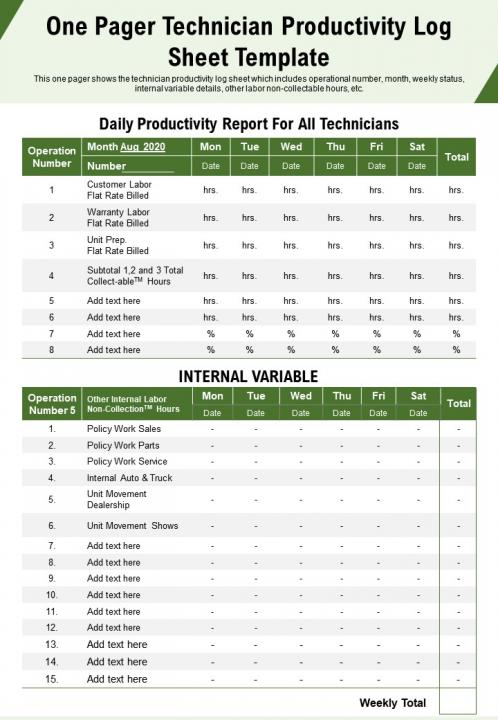 One pager technician productivity log sheet template presentation report infographic ppt pdf document Slide01