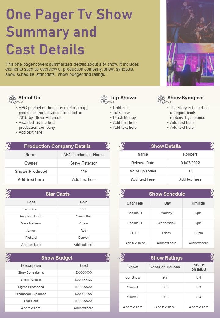 One Pager Tv Show Summary And Cast Details Presentation Report