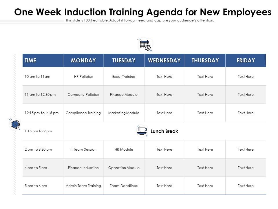 One week induction training agenda for new employees Slide01