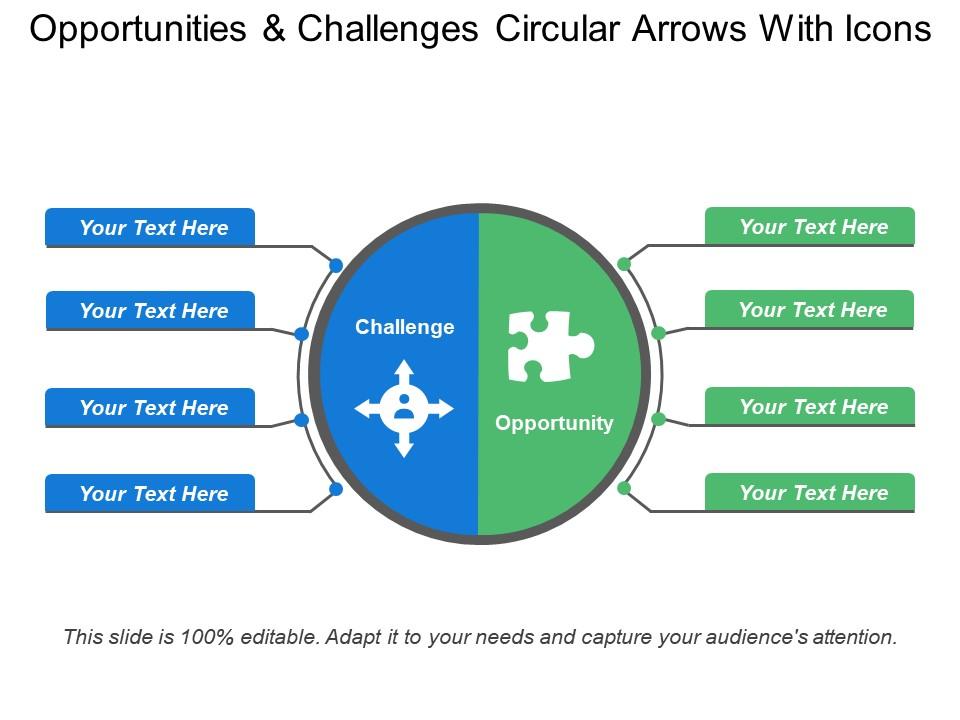 Opportunities and challenges circular arrows with icons Slide01