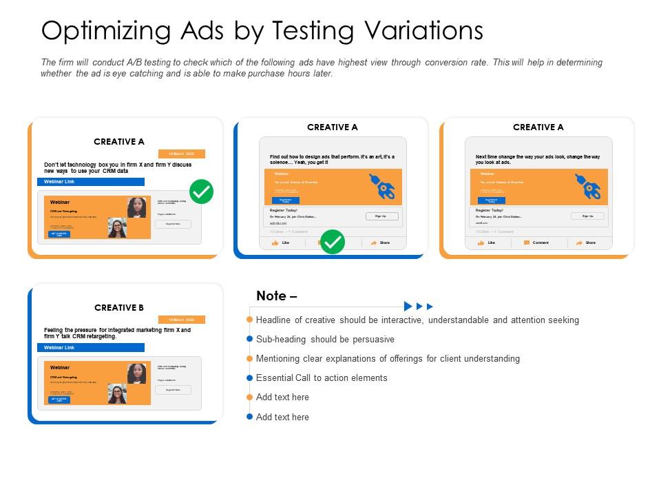 Optimizing ads by testing variations persuasive action powerpoint presentation example Slide01