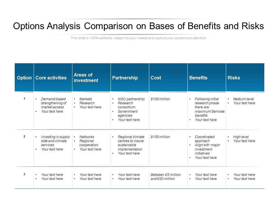 Options analysis comparison on bases of benefits and risks Slide01