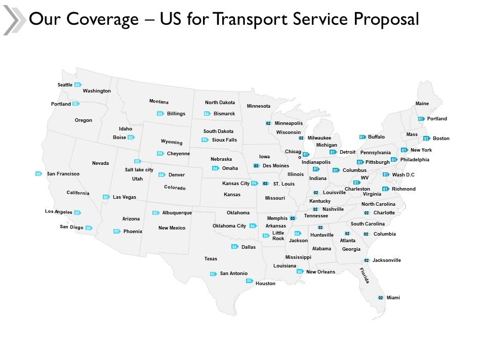 Our Coverage Us For Transport Service Proposal Map Ppt Powerpoint Slides