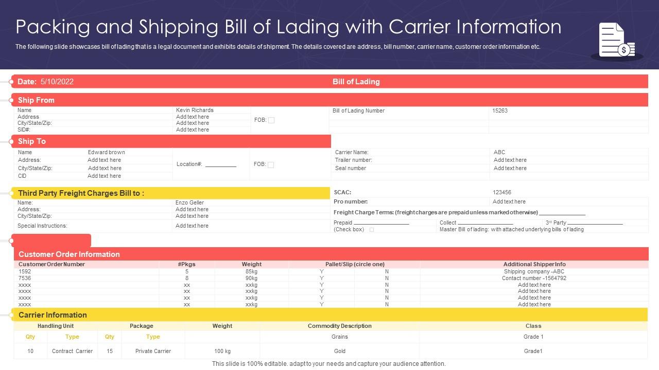 Packing And Shipping Bill Of Lading With Carrier Information