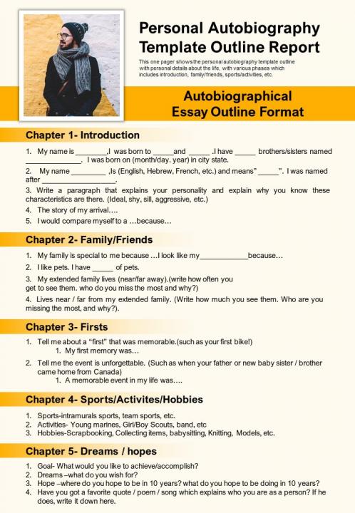 Personal autobiography template outline report presentation report infographic ppt pdf document Slide01