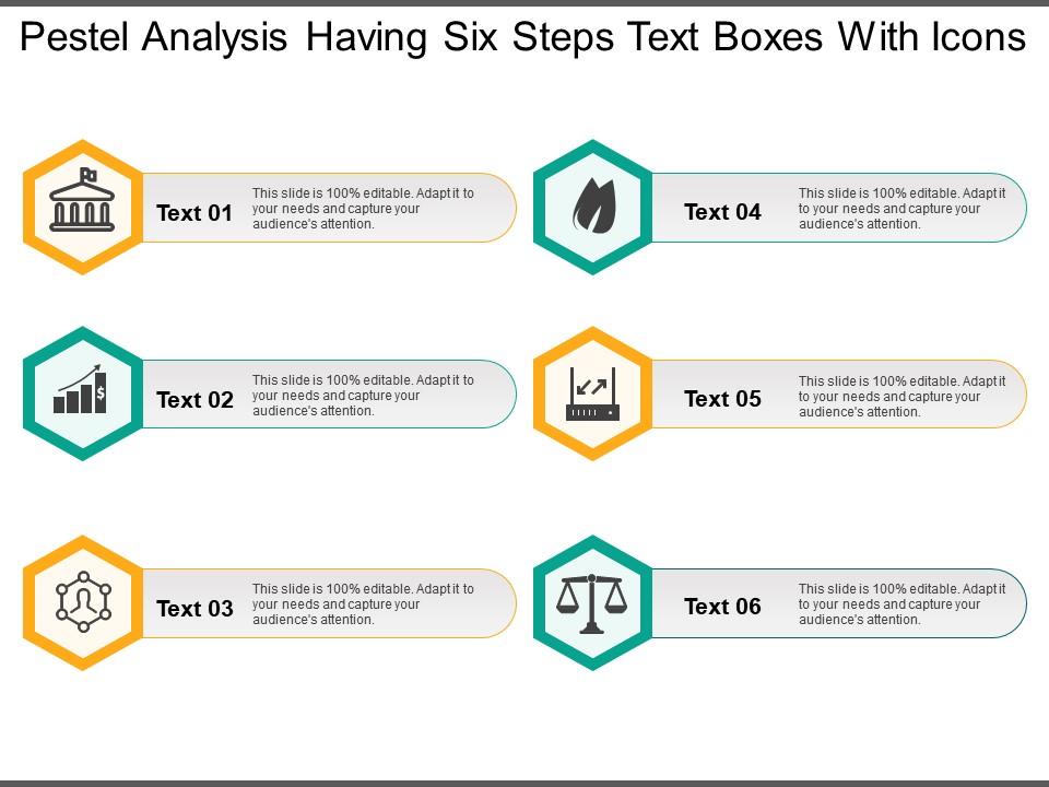 Pestel analysis having six steps text boxes with icons Slide00