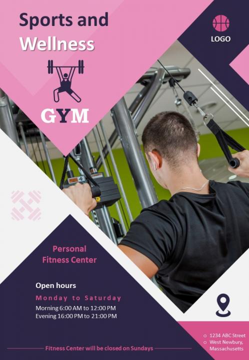 Physical fitness and sports four page brochure template Slide01