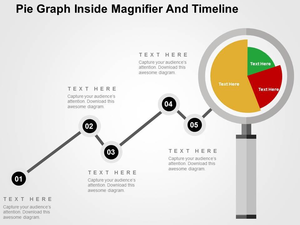 Pie graph inside magnifier and timeline flat powerpoint design Slide01