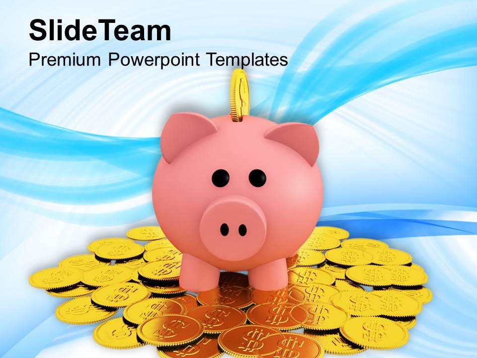 Piggy bank on a pile of coins money powerpoint templates ppt themes and graphics 0113 Slide01