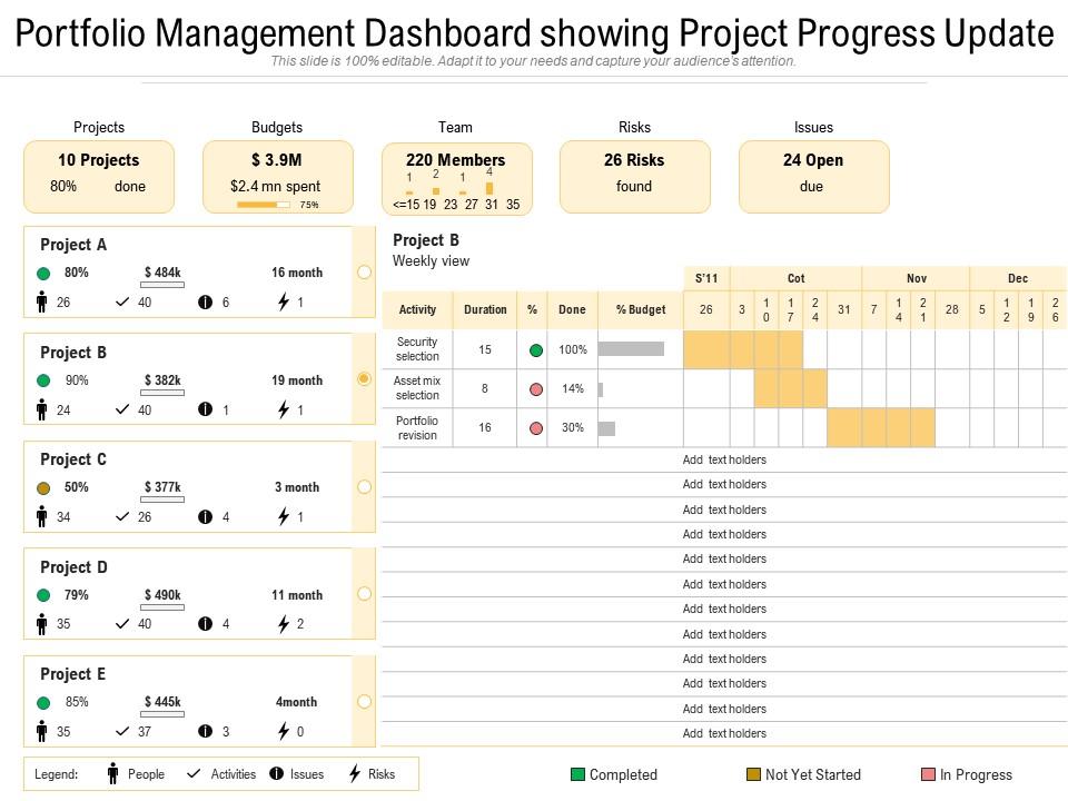 Portfolio management dashboard showing project progress update Slide01