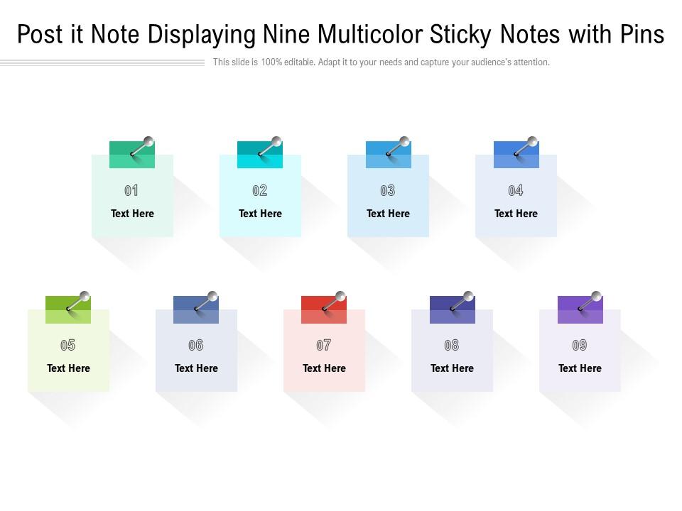 Post it note displaying nine multicolor sticky notes with pins Slide01