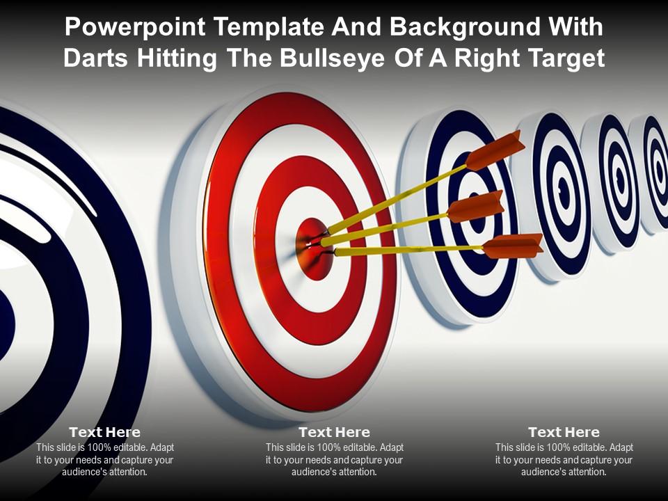 Powerpoint template and background with darts hitting the bullseye of a right target Slide01
