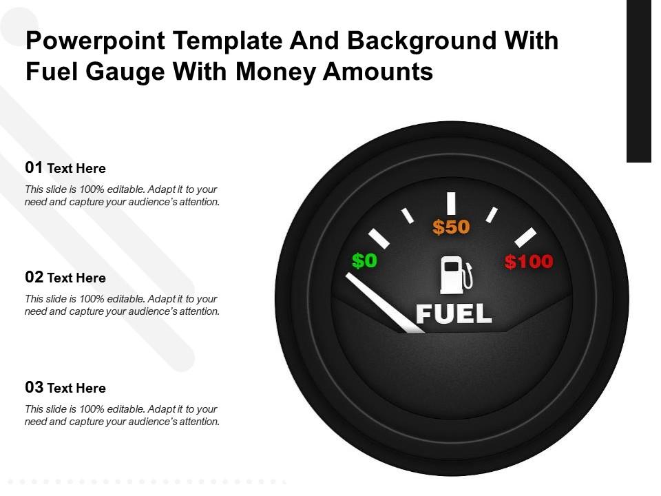 Powerpoint template and background with fuel gauge with money amounts Slide01