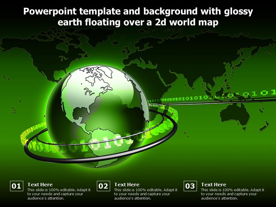 Powerpoint template and background with glossy earth floating over a 2d world map Slide01
