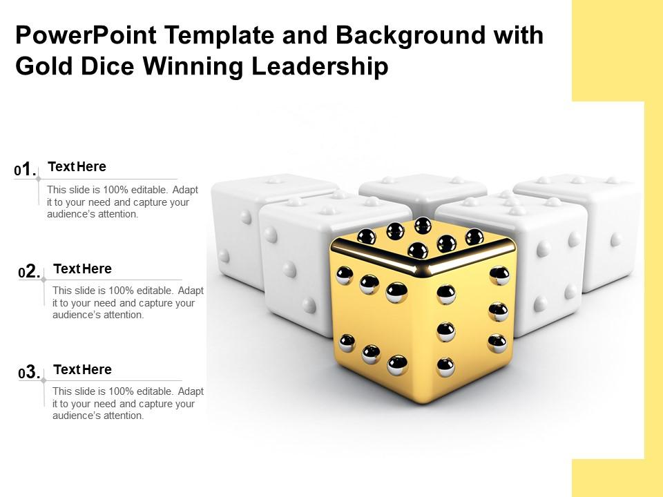 Powerpoint template and background with gold dice winning leadership Slide01