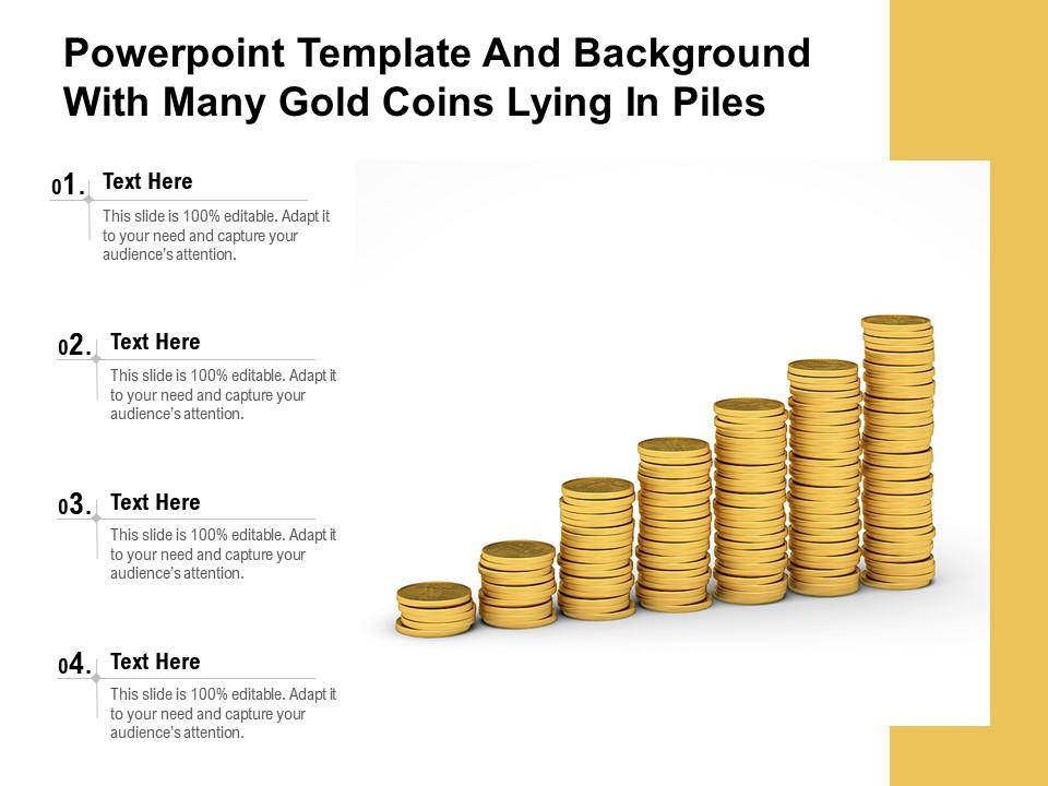 Powerpoint template and background with many gold coins lying in piles